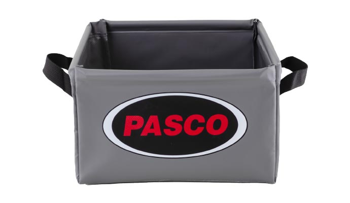 A gray, square-shaped utility bucket with black handles featuring the PASCO logo